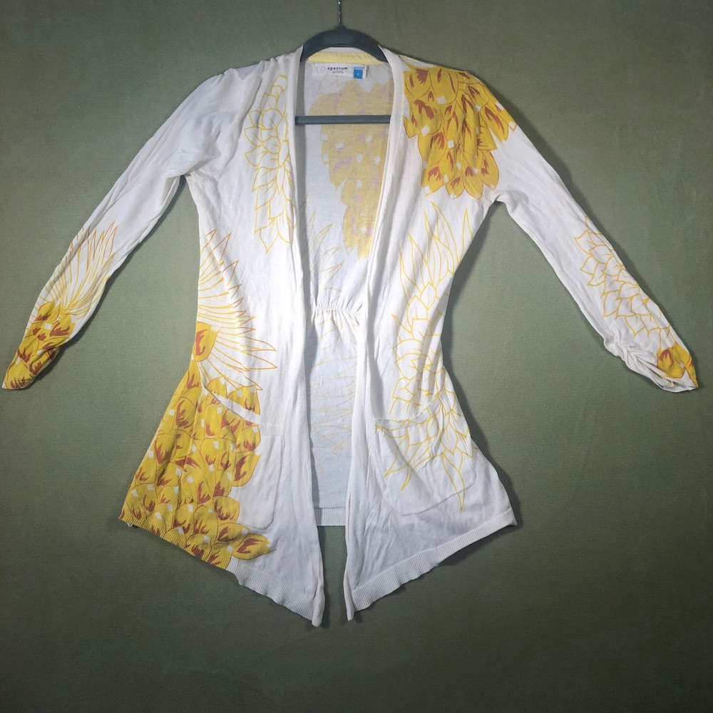 Sparrow Anthropologie Cardigan Women S White Yellow Floral Open Front